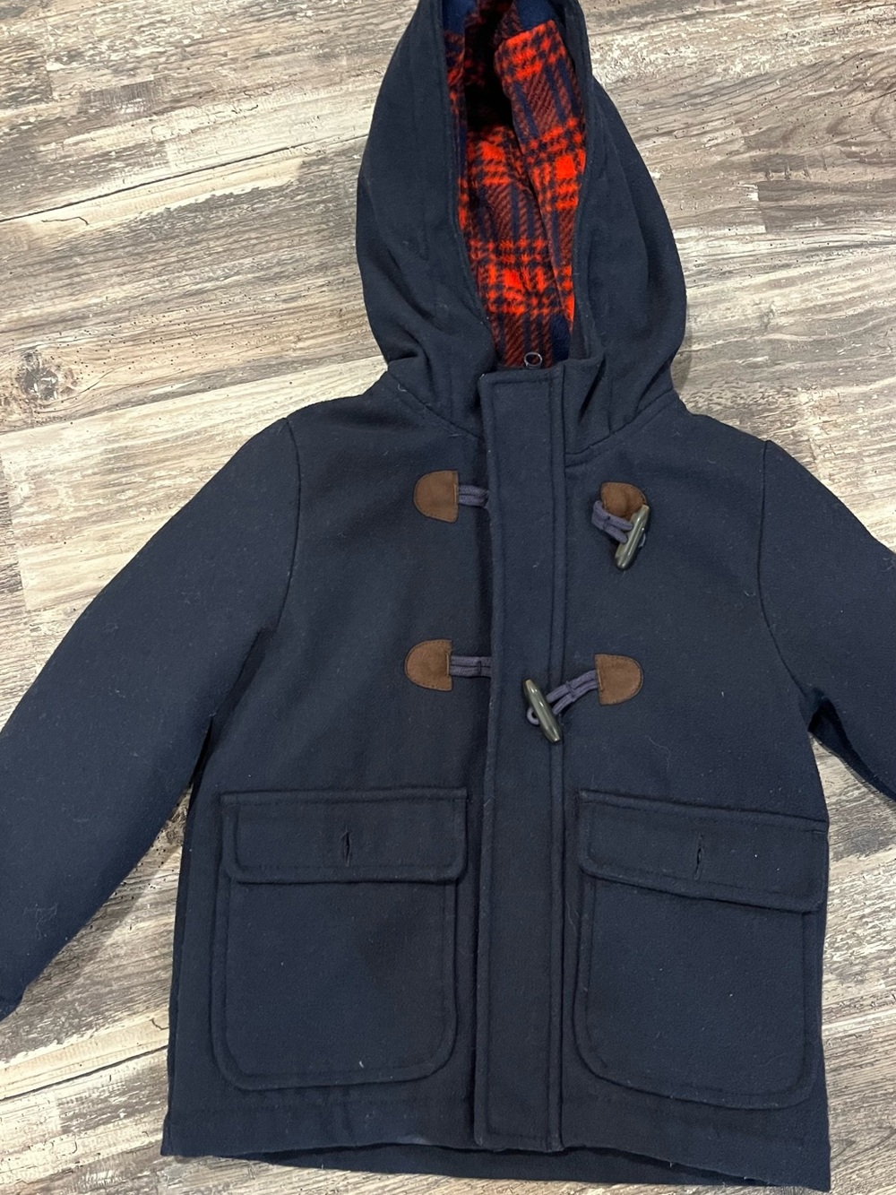 Carter's Navy Hooded Duffle Coat with Red Plaid Hood Lining